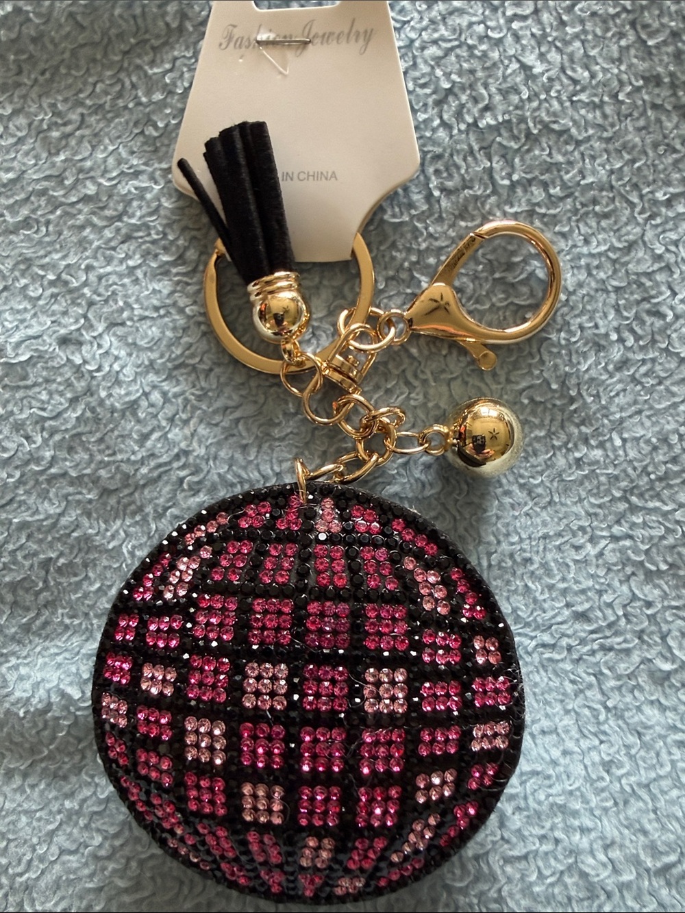 Gold-Tone Disco Ball Keychain with Pink Rhinestone Disc and Tassel